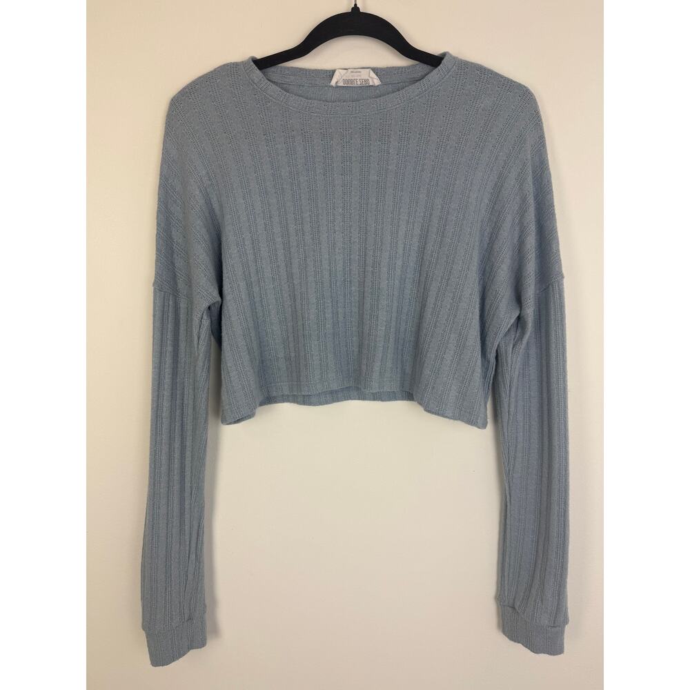 Double Zero Womens Round Neck Long Sleeve Cropped Soft Light Blue Top Small